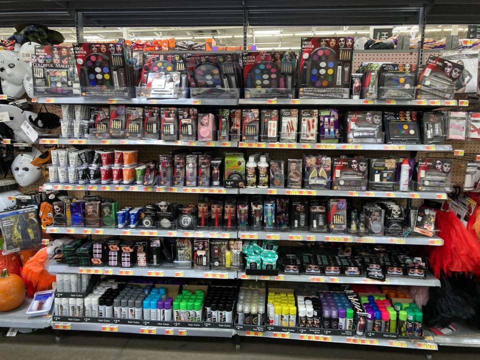 An aisle of Halloween makeup at Walmart.