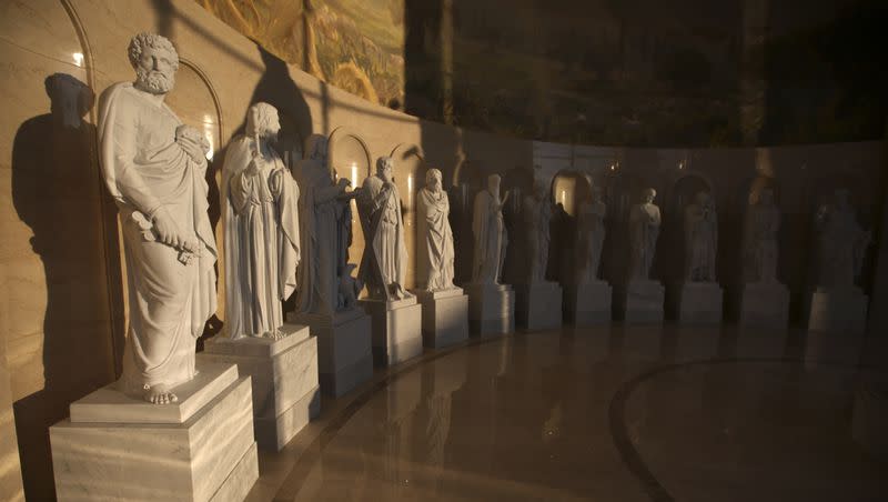 Replicas of Danish sculptor Bertel Thorvaldsen’s 12 apostle statues are on display in the Rome Temple Visitors’ Center in Rome, Italy, on Friday, Nov. 16, 2018.