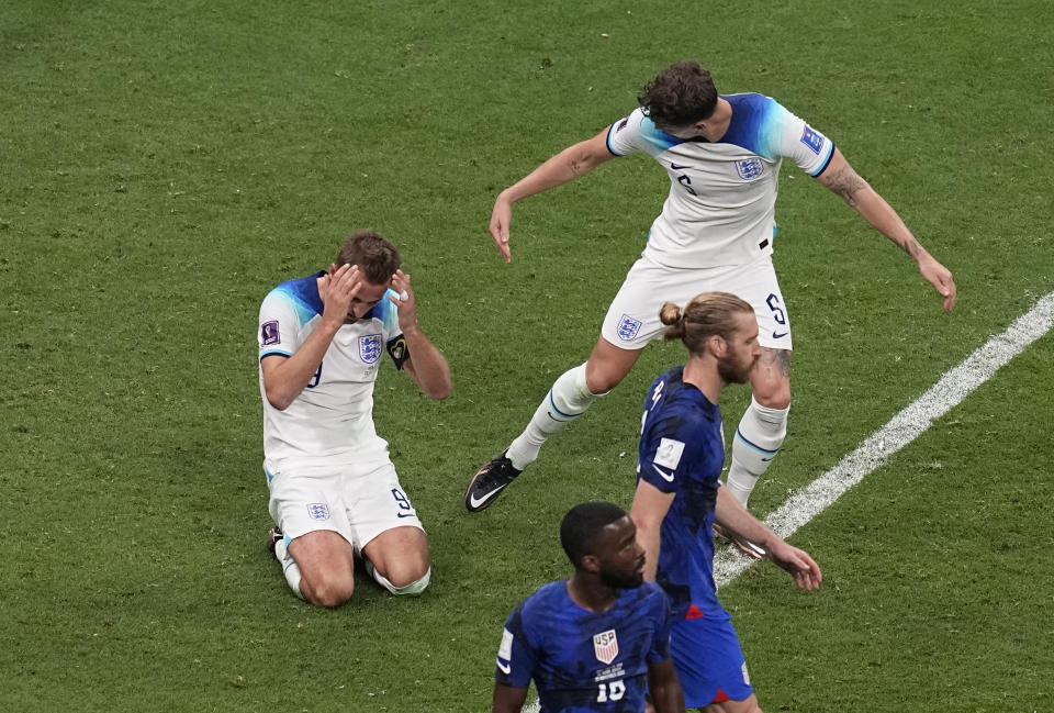 England's Harry Kane reacts after missing a chance to score during the World Cup group B soccer match between England and The United States, at the Al Bayt Stadium in Al Khor, Qatar, Friday, Nov. 25, 2022. (AP Photo/Ebrahim Noroozi)