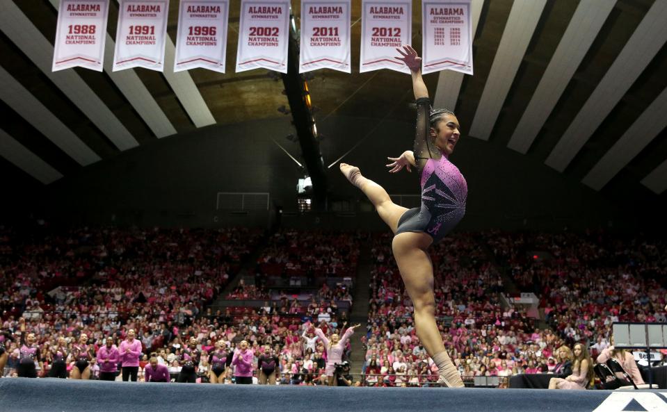 Feb 3, 2023; Tuscaloosa, AL, USA; Alabama gymnast Luisa Blanco finishes a tumbling pass at Coleman Coliseum. Blanco scored a 9.975 on the floor to help Alabama edge Auburn 197.850 to 197.700.