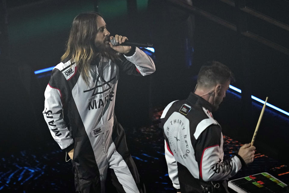 Jared Leto with Thirty Seconds to Mars performs at an opening ceremony for the the Formula One Las Vegas Grand Prix auto race, Wednesday, Nov. 15, 2023, in Las Vegas. (AP Photo/Darron Cummings)