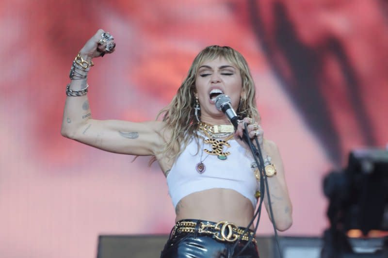 Miley Cyrus performs at Glastonbury Music Festival in 2019. File Photo by Hugo Philpott/UPI