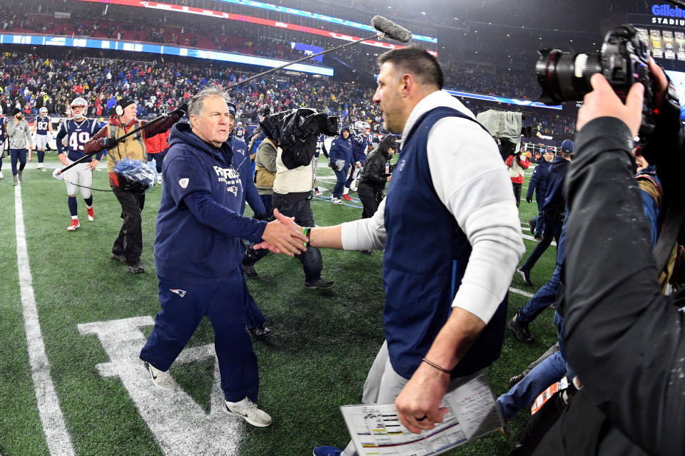 Jan 4, 2020; Foxborough, Massachusetts, USA;  New England Patriots head coach Bill Belichick shakes hands with Tennessee Titans head coach Mike Vrabel after the Patriots lost to the Titans at Gillette Stadium. Mandatory Credit: Brian Fluharty-USA TODAY Sports