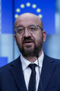 European Council President Charles Michel speaks during a media conference at the European Council building in Brussels, Friday, July 10, 2020. European Council President Charles Michel presented updated proposals for the EU's long-term budget and post-coronavirus recovery plan ahead of a summit next week in Brussels where heads of state and government leaders will try to agree on a compromise. (Kenzo Tribouillard, Pool Photo via AP)