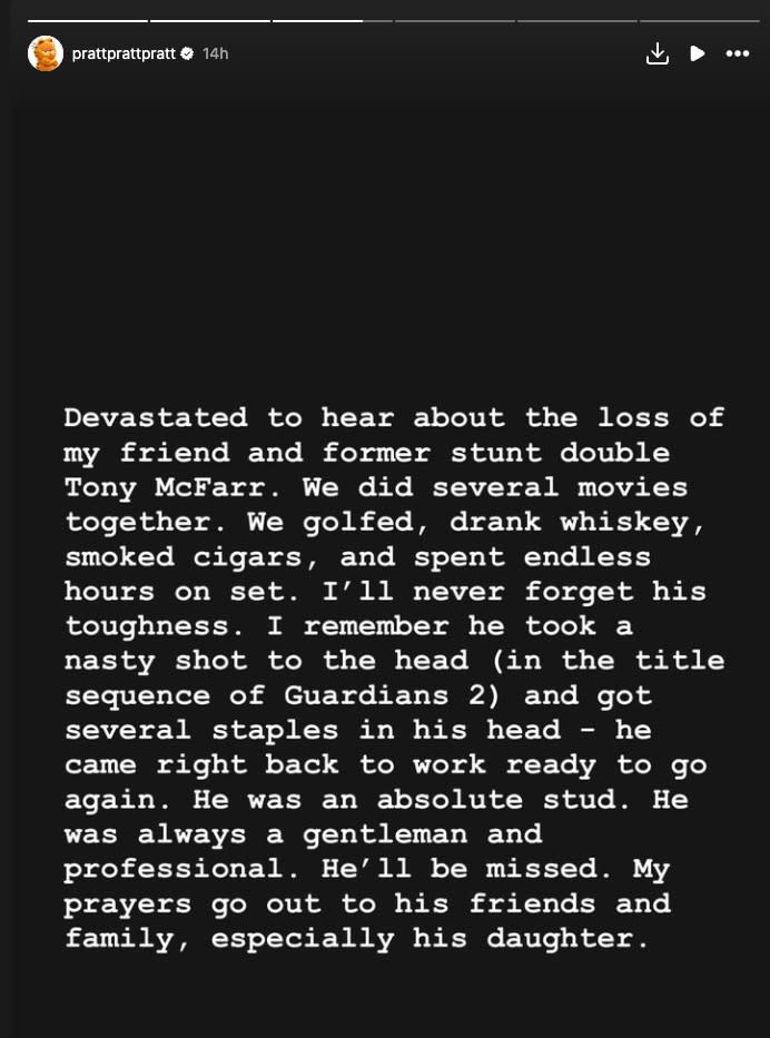 Chris Pratt broke his silence on Tony McFarr’s death on May 16, 2024. Chris Pratt / Instagram