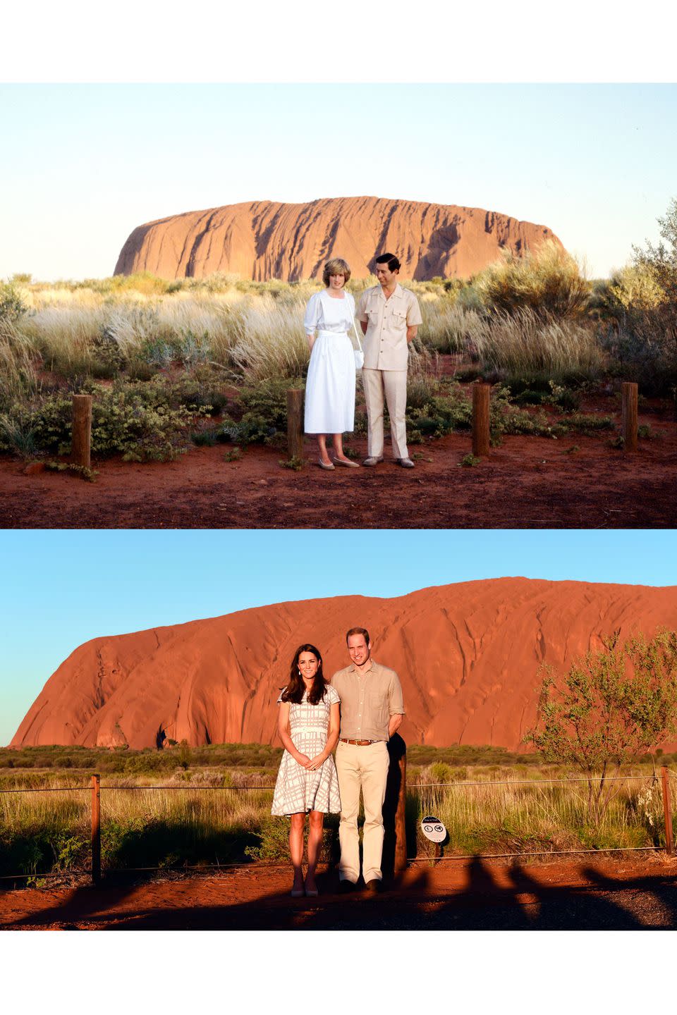 <p>Diana and Charles at Ayers Rock in Australia in 1983. Kate and William at Ayers Rock in 2014.</p>