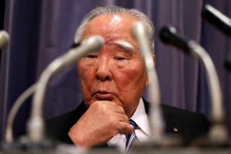 Suzuki Motor Chairman and Chief Executive Officer Osamu Suzuki attends a news conference at the Land, Infrastructure, Transport and Tourism Ministry in Tokyo, Japan May 31, 2016. REUTERS/Issei Kato