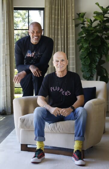 Dr. Dre, left, and Jimmy Iovine, are photographed at Dr. Dre's home in Los Angeles on Friday, June 11, 2021.