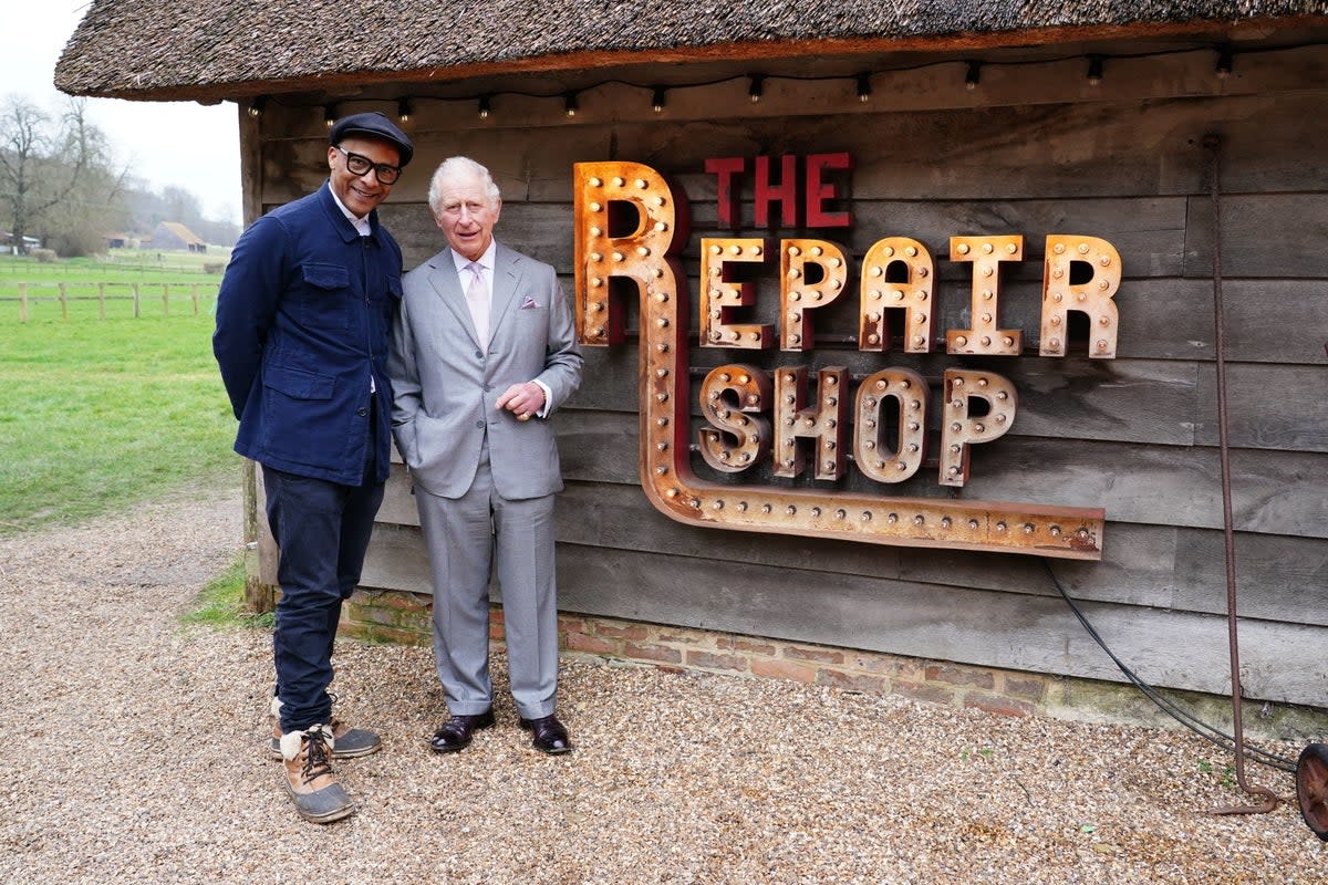 His Majesty, pictured with Jay Blades, chose two items for repair  (Ian West/BBC/Ricochet Ltd/PA Wire)