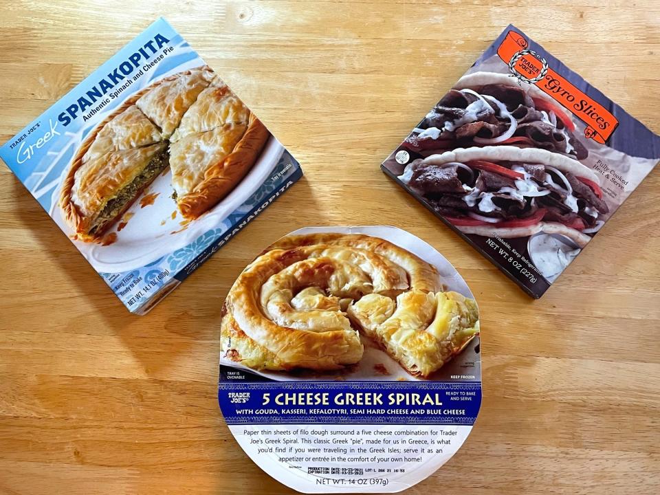 Trader Joe's Spanikopita, cheese pie, gyros