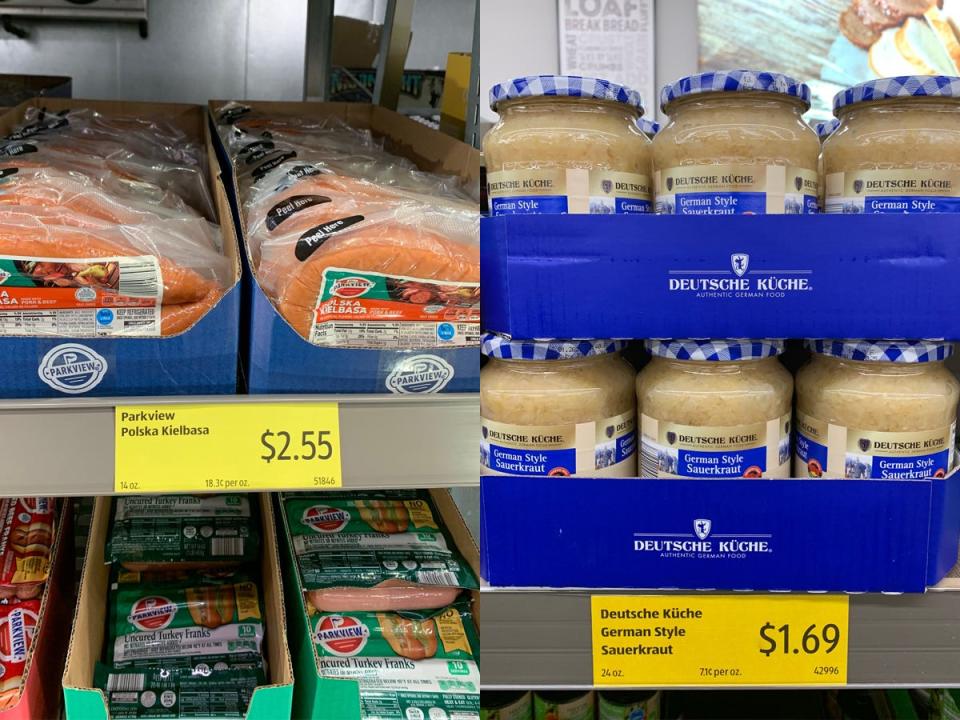 side by side of kielbasa sausage and sauerkraut on the shelves at aldi