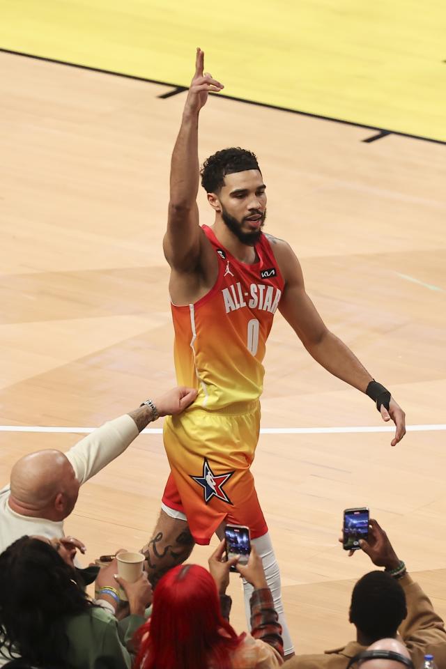 Team Giannis forward Jayson Tatum (0) reacts during the second half of the NBA basketball All-Star game Sunday, Feb. 19, 2023, in Salt Lake City. (AP Photo/Rob Gray)