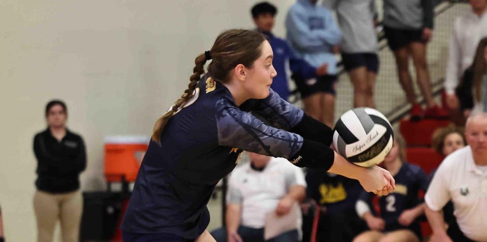 St. Ursula's Addy Brus (3) hits the ball during the Bulldogs' regional final against Ursuline Academy Saturday, Nov. 5, 2022.