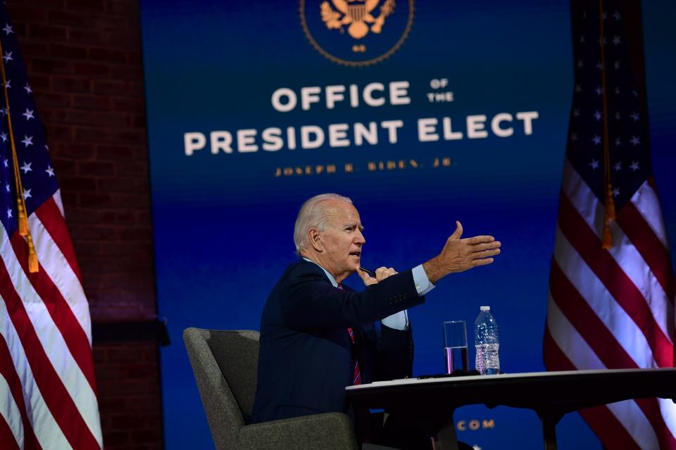 President-elect Joe Biden speaks during a virtual meeting with the United States Conference of Mayors on November 23, 2020 in Wilmington, Delaware.
