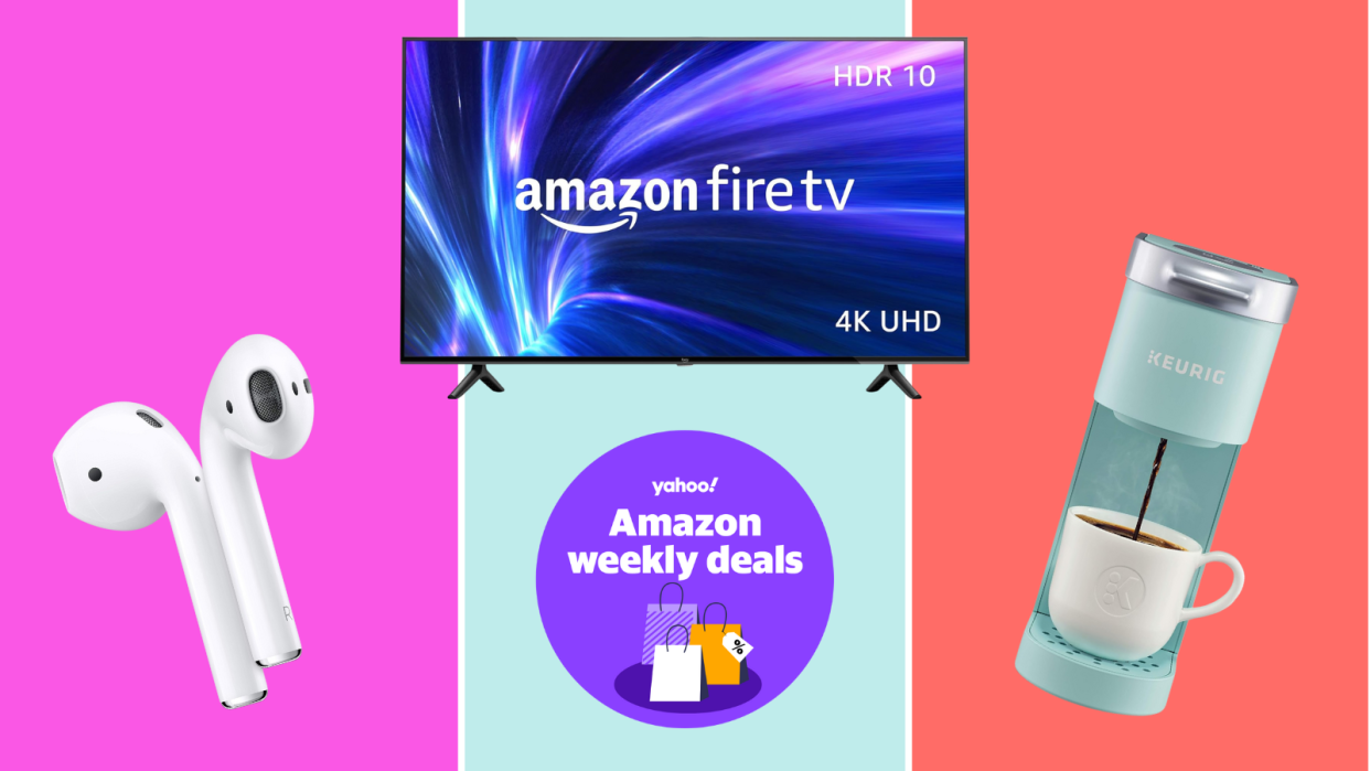 Apple AirPods, Fire TV, Keurig on a colorful background with a purple sticker that reads: Yahoo! Amazon Weekly Deals