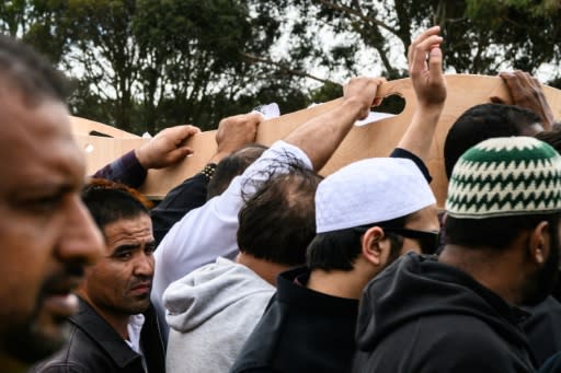 Mourners carry the coffin of Mohammed Daoud Nabi, 71, who unknowingly opened the door to his killer at the city's Al Noor mosque, reportedly welcoming him with the words 'Hello Brother'