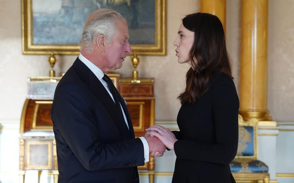 King Charles III speaks with Jacinda Ardern, prime minister of New Zealand, as he receives numerous world leaders in the 1844 Room at Buckingham Palace - Stefan Rousseau/PA