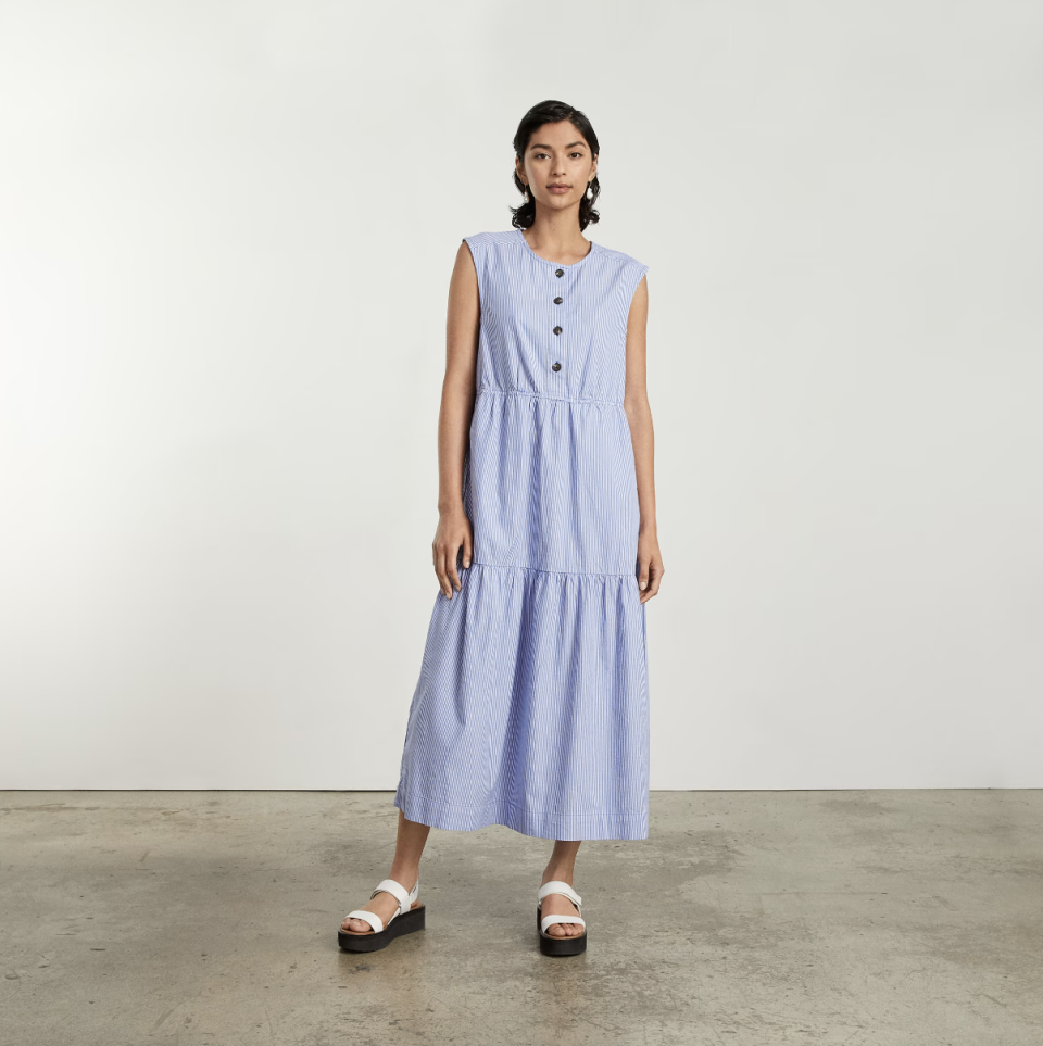 The Tiered Midi Dress in blue mini stripe (Photo via Everlane)