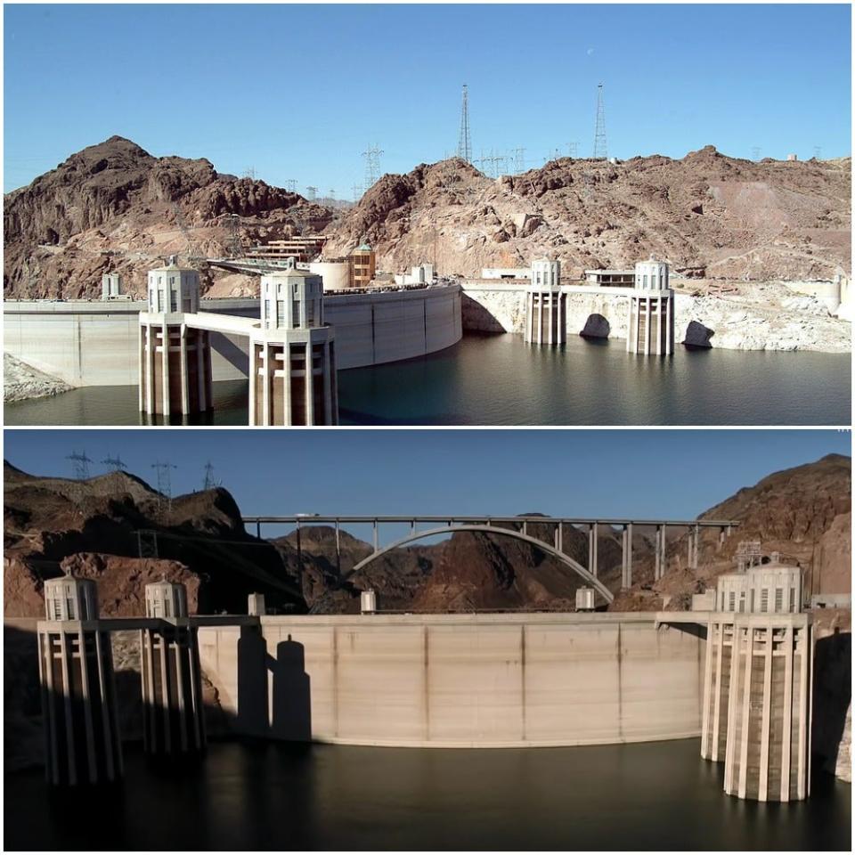 The top photograph shows water levels at Lake Mead in 2003 compared to this week (Getty/CBS News)