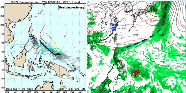 下週菲律賓東方海面有「熱帶擾動」發展的跡象，但即使發展亦無侵台機率(左圖)。海平面氣壓圖(右圖)顯示，菲律賓東方海面「熱帶擾動」，影響鋒面的結構及位置。氣象應用推廣基金會