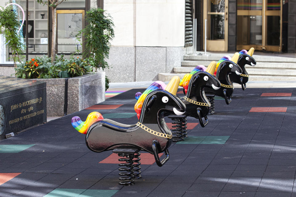 “Funtime Unicorns,” installed at Rockefeller Center in collaboration with Art Production Fund. - Credit: Photo by Emil Horowitz / courtesy of Derrick Adams Edition & Art Production Fund