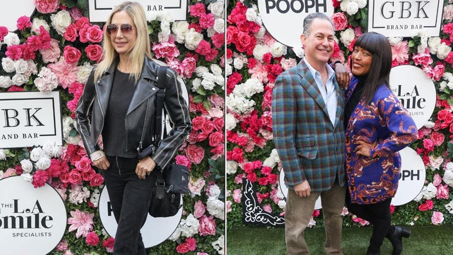 (Left) Oscar winner Mira Sorvino and (Right) GBK producer Gavin Keilly and 2024 Honorary Oscar winner Angela Bassett check out the luxury lounge offerings at the Pooph’s Critics’ Choice GBK Luxury Lounge. (GBK Brand Bar)