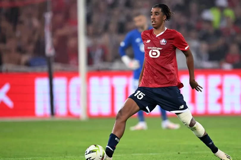 Leny Yoro of Lille OSC during the Conference League play-off match between Lille OSC and HNK Rijeka at Pierre-Mauroy Stadium on August 24, 2023 in Lille, France.