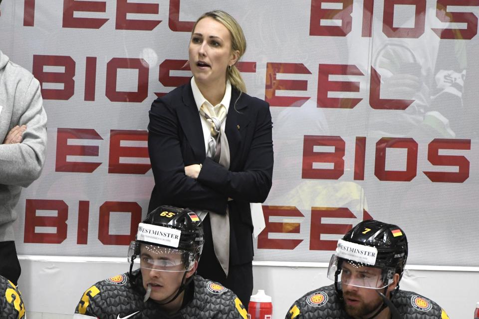 Germany assistant coach Jessica Campbell follows the action during the men's world championships in May. She was named an assistant coach for the American Hockey League's Coachella Valley Firebirds on Tuesday.