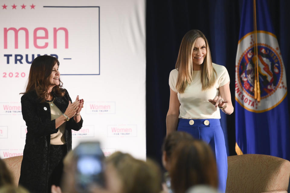 Second Lady Karen Pence, left, and Lara Trump, President Donald's Trump's daughter-in-law, take the stage Wednesday at the start of a "Women for Trump" event at the Union Depot in St. Paul, Minn. (Photo: Aaron Lavinsky/Star Tribune via ASSOCIATED PRESS)