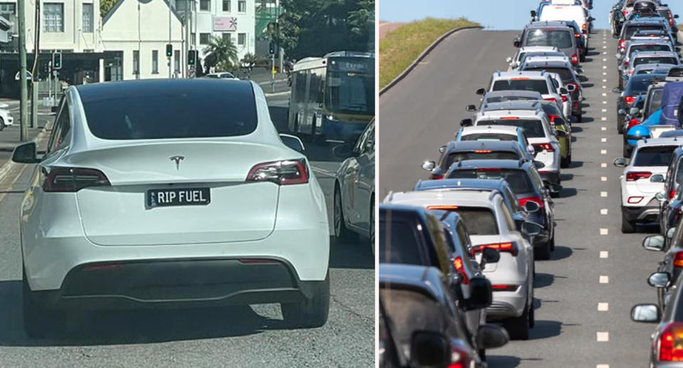 Left: White Tesla vehicle with black number plate 'RIP FUEL'. Right: Cars stuck in traffic on busy road. 