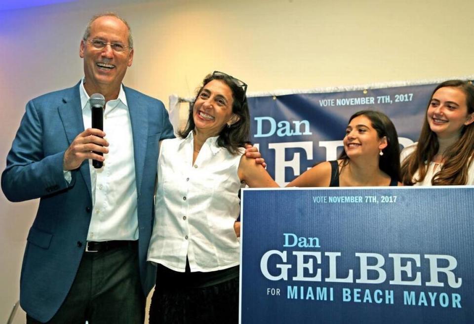 Dan Gelber stands with his wife, Joan Silverstein, and his daughters as he addresses supporters after being elected mayor of Miami Beach on Nov. 7, 2017.