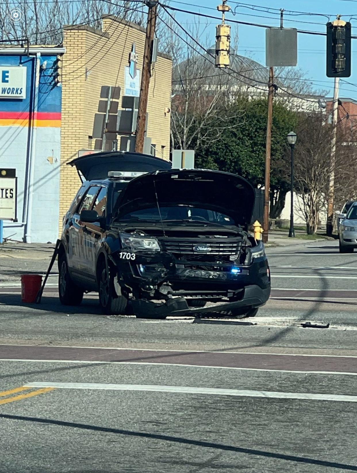 This photo shows the damage done to a Petersburg Police vehicle from a crash Friday, March 1, 2024, at the intersection of West Wythe and South Market streets in downtown Petersburg. State police investigated the incident and charged the police officer with failure to yield.