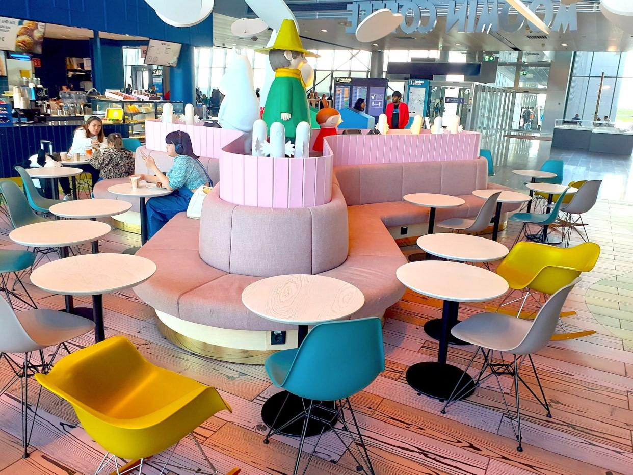 Seating at the Helsinki airport Moomin cafe