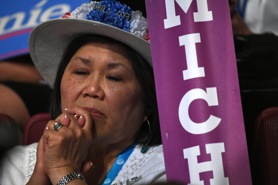 <p>A supporters reacts as Senator Bernie Sanders addresses the Democratic National Convention in Philadelphia, July 25, 2016. (Toni L. Sandys/The Washington Post via Getty Images)</p>