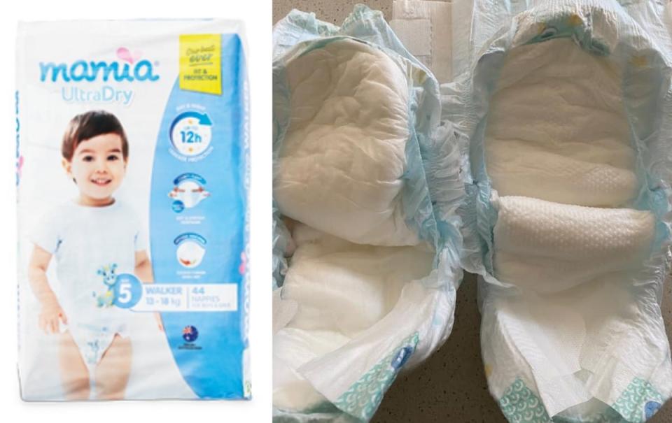 Mamia packet (left) and the nappies (right). Source: Facebook/Aldi