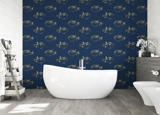 Nothing says coastal like a fun blowfish wallpaper 🤍🐟 Such a fun pattern  mixed with this dark navy subway tile. ⠀⠀⠀⠀⠀⠀⠀⠀⠀ #bathroom…