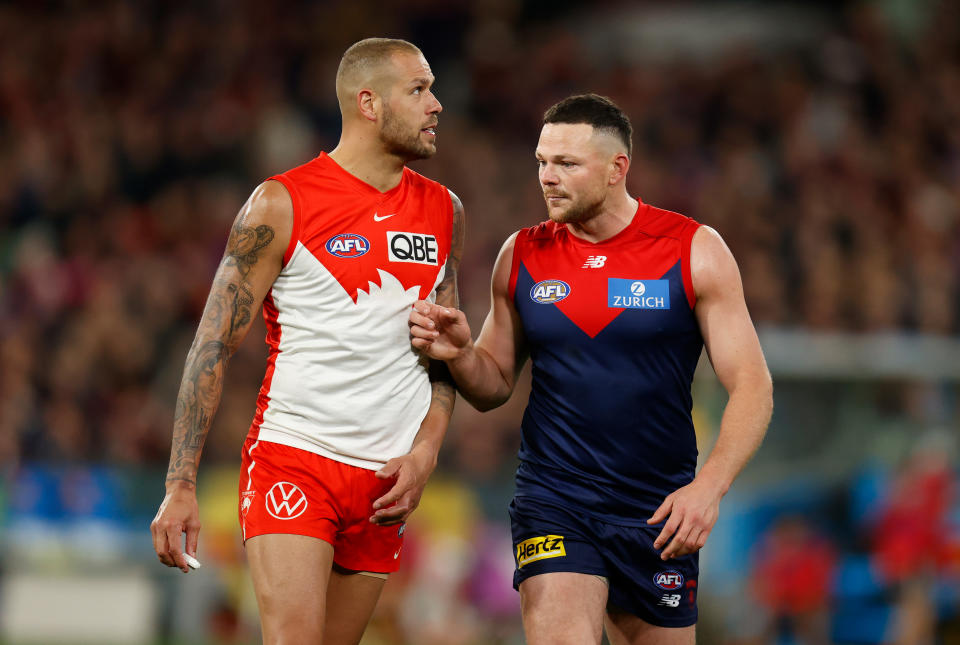 Steven May and Lance Franklin, pictured here in action during the Swans' win over Melbourne.