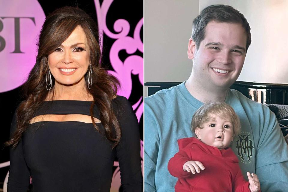 <p>getty; Marie Osmond/instagram</p> Marie Osmond and her son Matthew with his doll