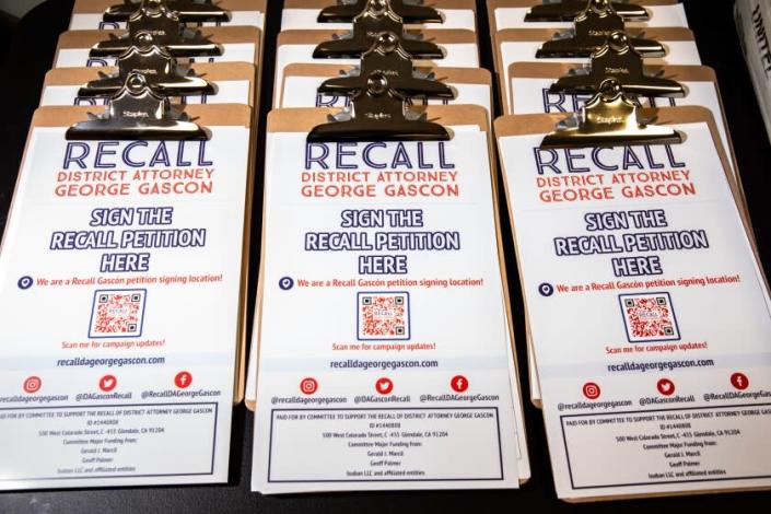 Los Angeles, CA - June 01: Clipboards holding petiton forms, on a table Inside a field office for the &quot;Recall D.A. George Gascon,&quot; campaign, in Los Angeles, CA, Wednesday, June 1, 2022. Volunteers, along with some staff, help open and organize petitions being sent in supporting a recall of Los Angeles County District Attorney George Gascon. (Jay L. Clendenin / Los Angeles Times)