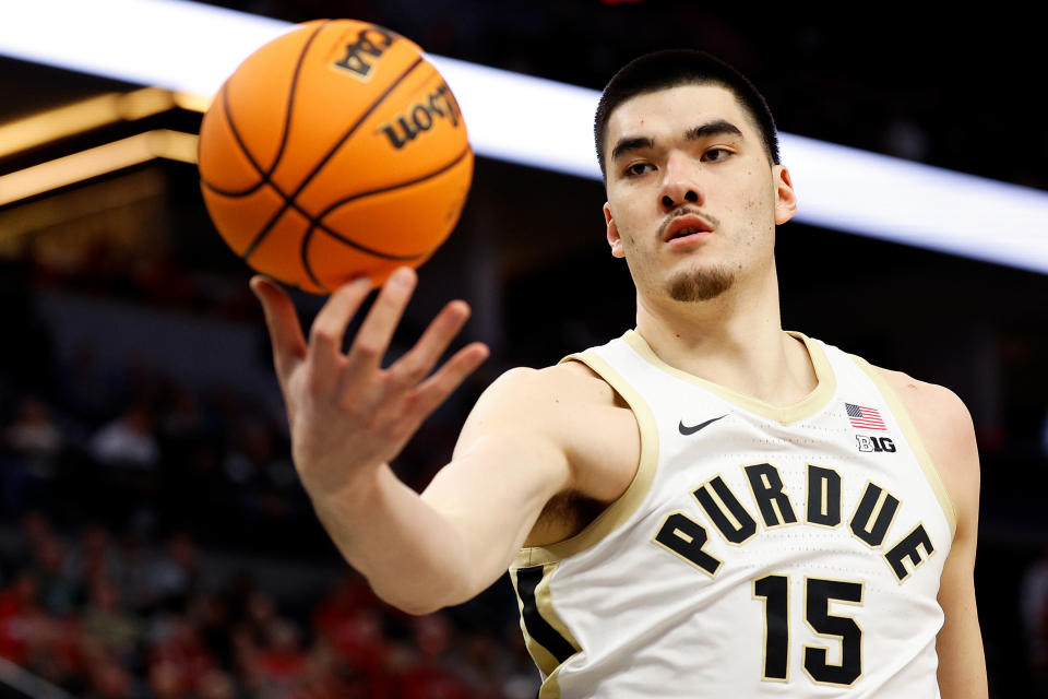 MINNEAPOLIS, MINNESOTA - MARCH 15: Zach Edey #15 of the Purdue Boilermakers looks on against the Michigan State Spartans in the first half at Target Center in the Quarterfinals of the Big Ten Tournament on March 15, 2024 in Minneapolis, Minnesota. (Photo by David Berding/Getty Images)