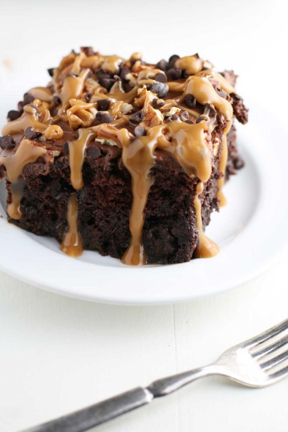 Chocolate Turtle Poke Cake