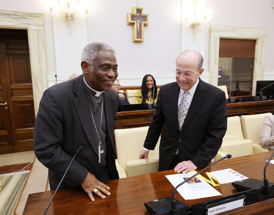 Cardinal Peter Turkson and DMC President Keith McMullin attend a Deseret Management Corporation partnered symposium on the “Role of Media and Art in Society” at the Vatican in Rome on Thursday, May 11, 2023. | Jeffrey D. Allred, Deseret News