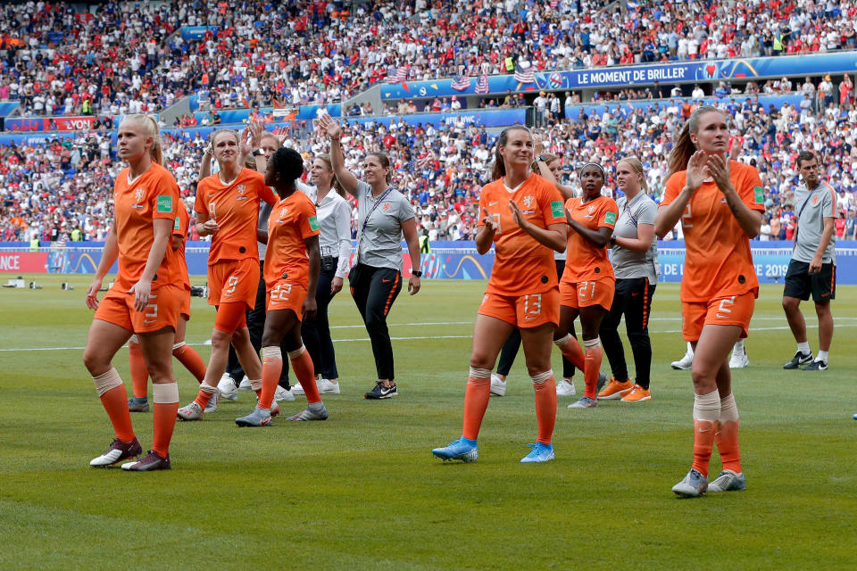 LYON, FRANCE - JULY 7: (L-R) Kika van Es of Holland Women, Renate Jansen of Holland Women, Desiree van Lunteren of Holland Women  during the  World Cup Women  match between USA  v Holland  at the Stade de Lyon on July 7, 2019 in Lyon France (Photo by Eric Verhoeven/Soccrates/Getty Images)