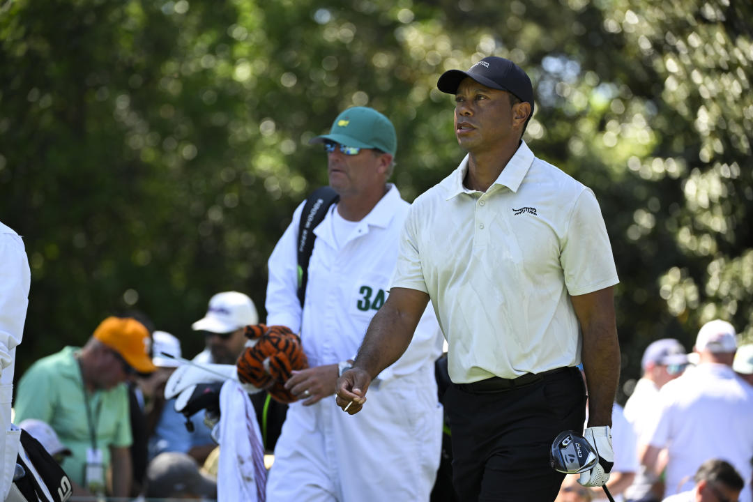 AUGUSTA, GEORGIA - APRIL 13: Tiger Woods leaves the ninth tee box during the third round of  Masters Tournament at Augusta National Golf Club on April 13, 2024 in Augusta, Georgia. (Photo by Ben Jared/PGA TOUR via Getty Images)