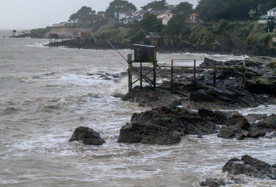 Waves hit the cost of Pornic, France, on Saturday as Storm Fabien approaches the Atlantic coast. (Getty Images)
