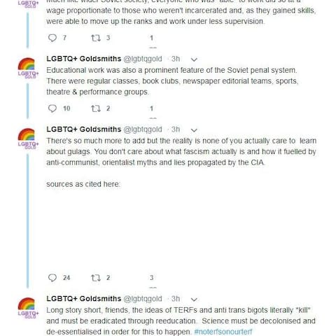 The rest of Goldsmith LGBTQ's Twitter thread justifying the Gulag system - Credit: archive.today