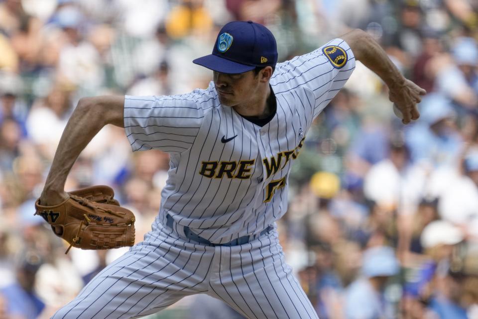 during the seventh inning of a baseball game Sunday, June 18, 2023, in Milwaukee. (AP Photo/Morry Gash)