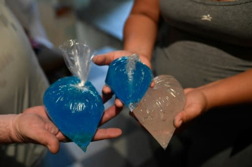 Venezuelan nurse Francis Guillen, who works at a state hospital, and her father show hair gel they make to sell in Caracas