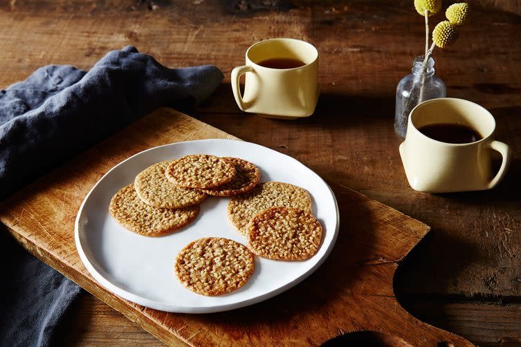 <p>These wafer-thin, sesame-seed studded cookies are lacey, crunchy, and caramel-colored, a.k.a. the perfect holiday treat.<b> Try the <i><b><b><a href="https://www.food52.com/recipes/39389-benne-wafers?utm_source=yahoofood&utm_medium=referral&utm_campaign=cookiestomovetothetopofyourlist" rel="nofollow noopener" target="_blank" data-ylk="slk:Benne Wafers;elm:context_link;itc:0;sec:content-canvas" class="link ">Benne Wafers</a>. </b></b></i> </b><i>(Photo: James Ransom/Food52)</i></p>