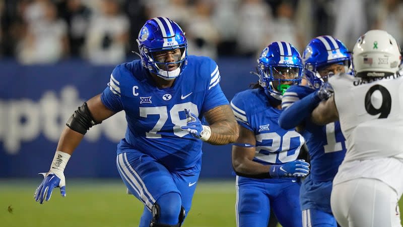 BYU offensive lineman Kingsley Suamataia (78) blocks downfield during game against Cincinnati Friday, Sept. 29, 2023, in Provo, Utah. | Rick Bowmer